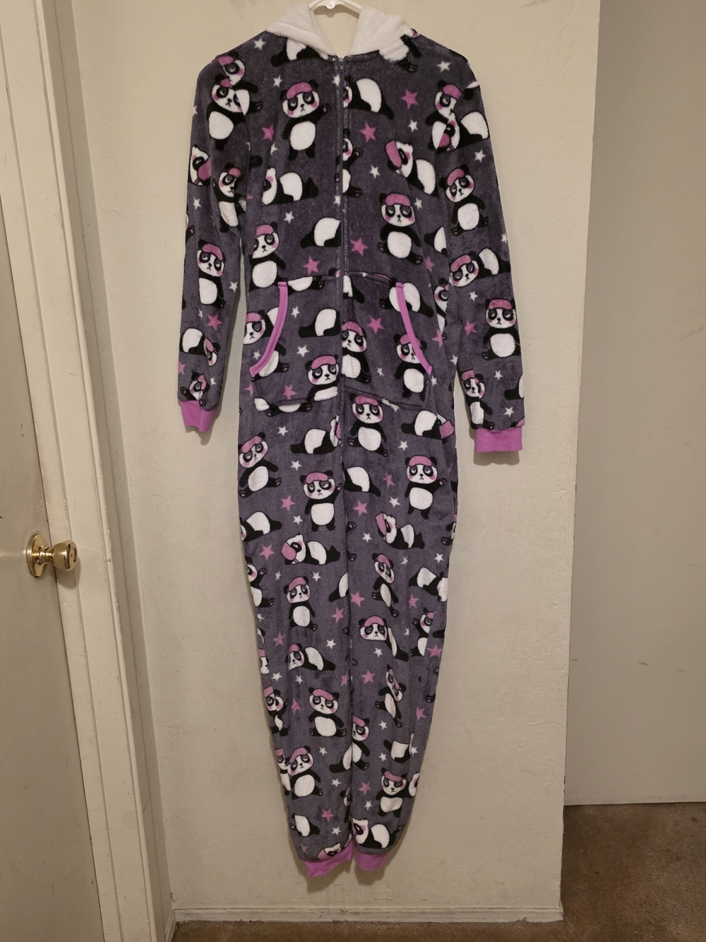 Holiday Time Panda Fleece Hooded Zip One Piece Pajama Gray White Pink XS (0-2)